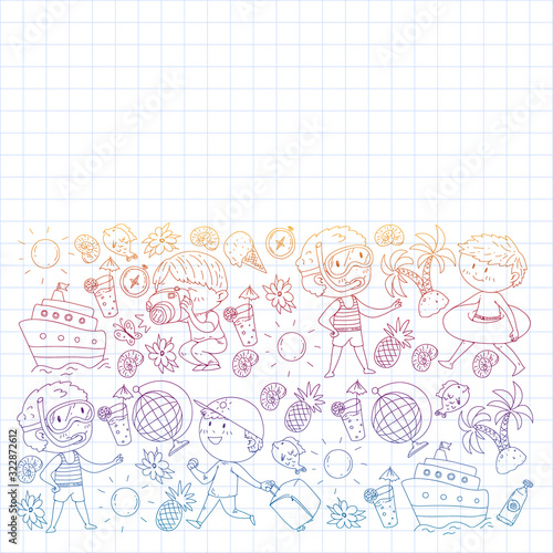 Set of summer icons with children. Kids swim with swimming mask and flippers, inflatable ring, sunbathe on the beach, take photos.