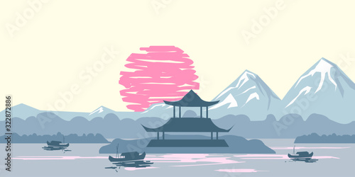 Chinese traditional or Japanese landscape, with pagoda and mountains, sunset sea