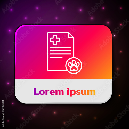 White line Clipboard with medical clinical record pet icon isolated on black background. Health insurance form. Medical check marks report. Rectangle color button. Vector Illustration