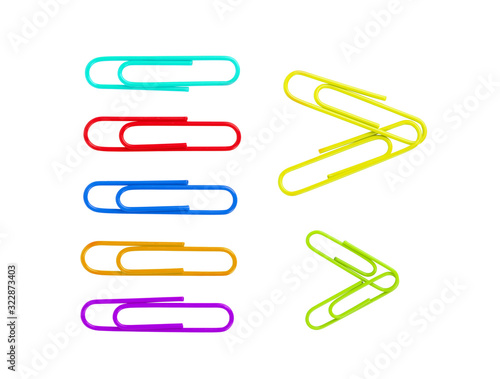 multicolored paper clips on a white background close-up