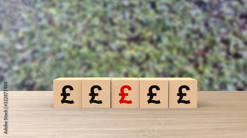 £ pound lira sign symbol wooden cubes on table horizontal over blur background with climbing green leaves, mock up, template, banner with copy space for text, Risk management business financial. bank	 photo