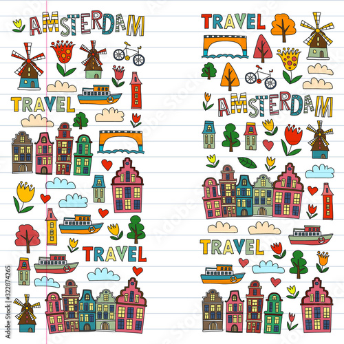 Vector pattern with Holland  Netherlands  Amsterdam icons. Doodle style.