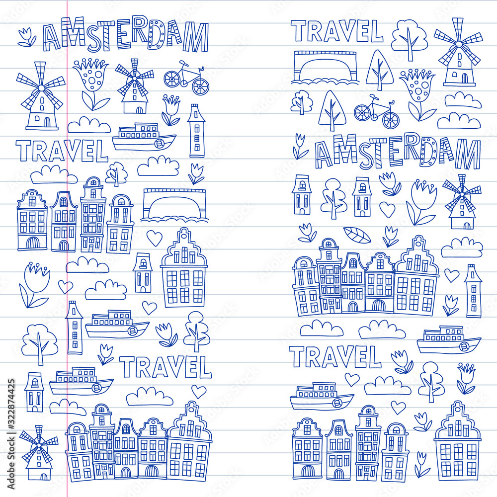 Fototapeta premium Vector pattern with Holland, Netherlands, Amsterdam icons. Doodle style.