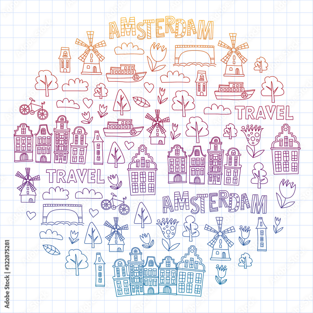 Vector pattern with Holland, Netherlands, Amsterdam icons. Doodle style.