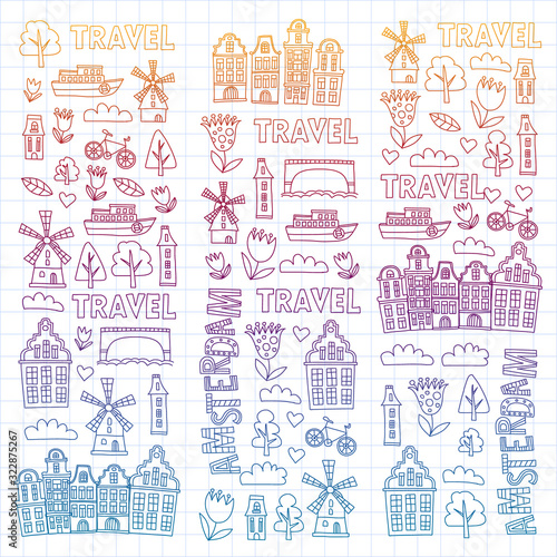 Vector pattern with Holland  Netherlands  Amsterdam icons. Doodle style.