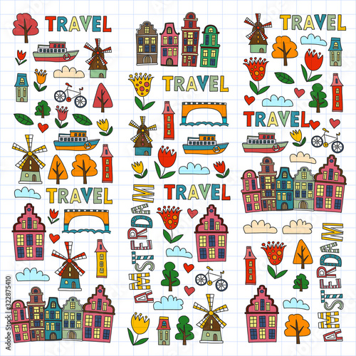 Vector pattern with Holland, Netherlands, Amsterdam icons. Doodle style.