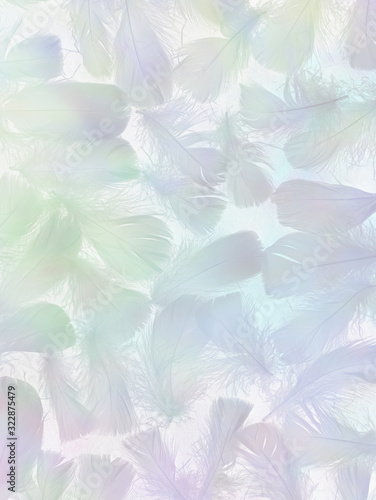 Angelic Feather Background Banner - small random scattered multicoloured feathers with a film negative effect against a pale grey background 