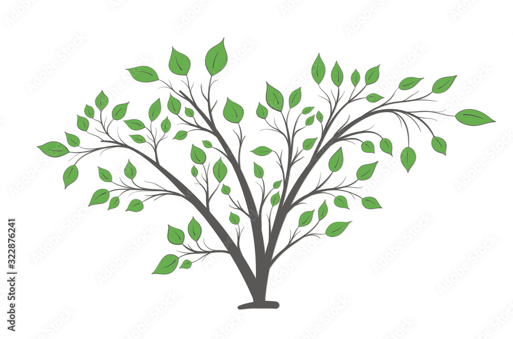 Bush with branches and green leaves of different shapes on a white background Bush with branches and green leaves of different shapes on a white background