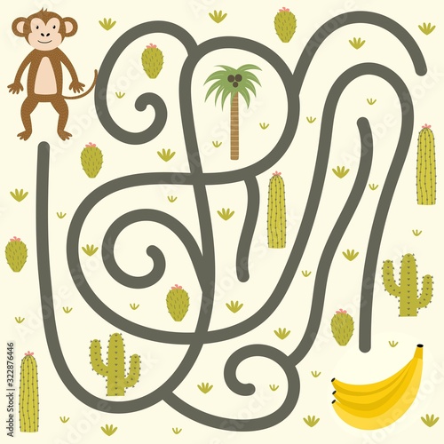 Safari maze game for kids. Help the monkey find the way to bananas
