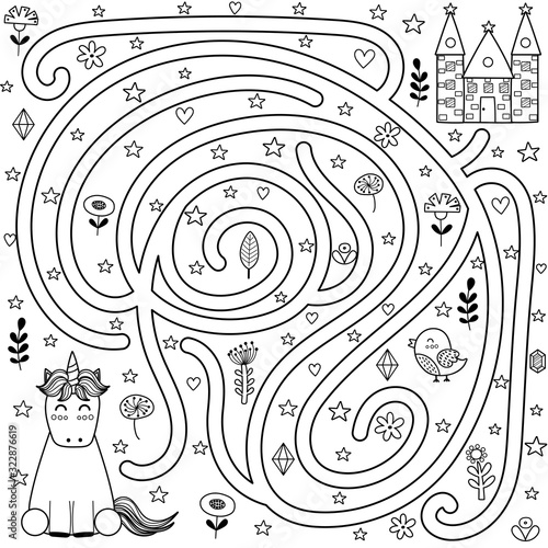 Black and white maze game and coloring page for kids. Help the unicorn