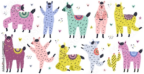 Cute llamas collection in Scandinavian style. Funny alpacas hand drawn set