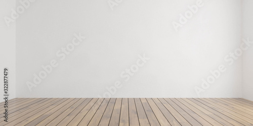 Fototapeta Naklejka Na Ścianę i Meble -  Empty white wall and wooden floor copy space background 3d render illustration