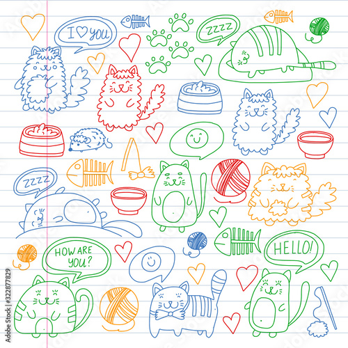 Vector pattern with cute little cats and kittens for children.