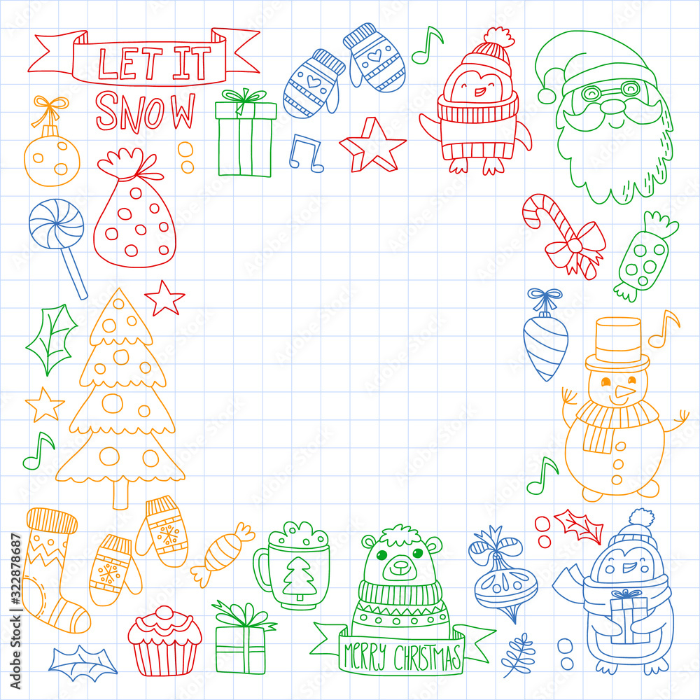 Christmas element in doodle kids drawing style. Vector pattern.