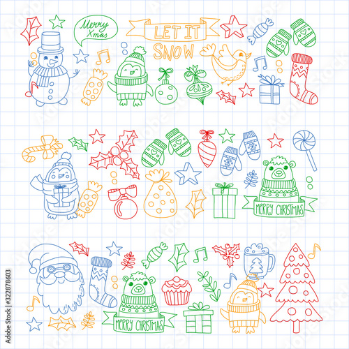 Christmas element in doodle kids drawing style. Vector pattern.