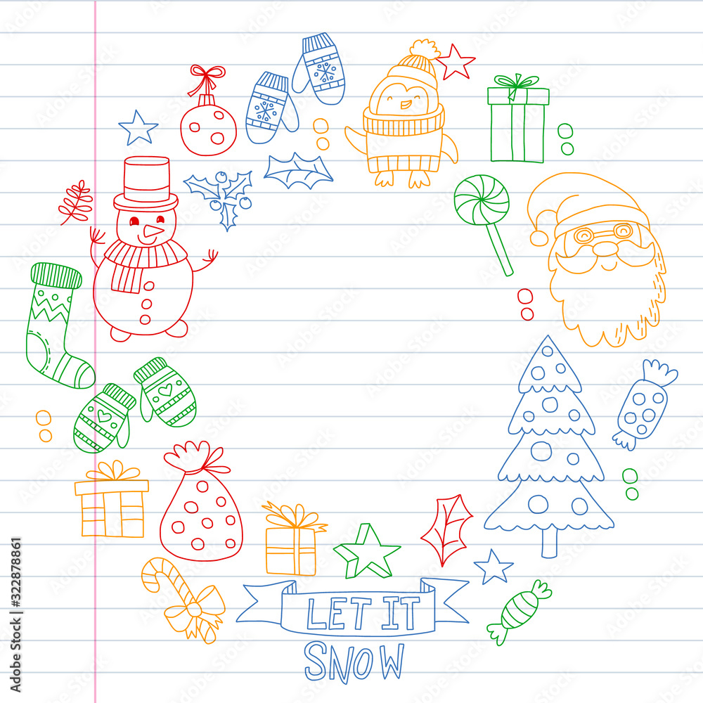 Christmas element in doodle kids drawing style. Vector pattern.