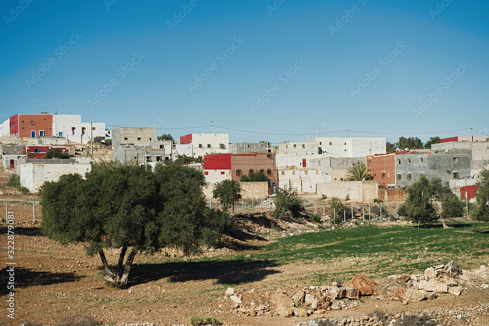 Aerial view on the beautiful city with colorful houses and religious buildings with green trees in the North of Morocco