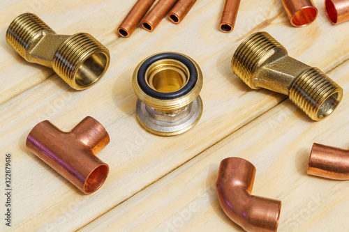 Copper water pipe fittings plumbing concept or repair water supply
