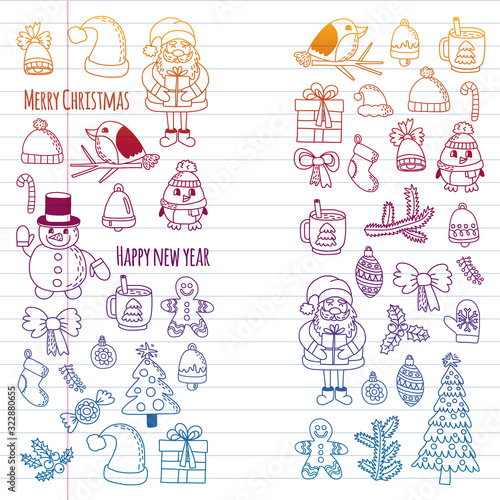 Christmas element in doodle kids drawing style. Vector pattern.