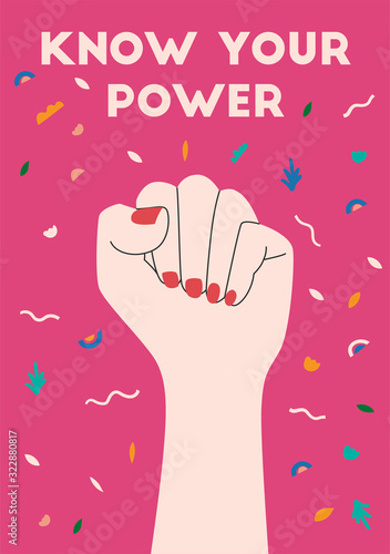 Drawing of fist with red nails. Women's hand as symbol of power and protest. Simple flat art. Text know your power. Design element for 8 March cards, posters, banners. Flat vector illustration