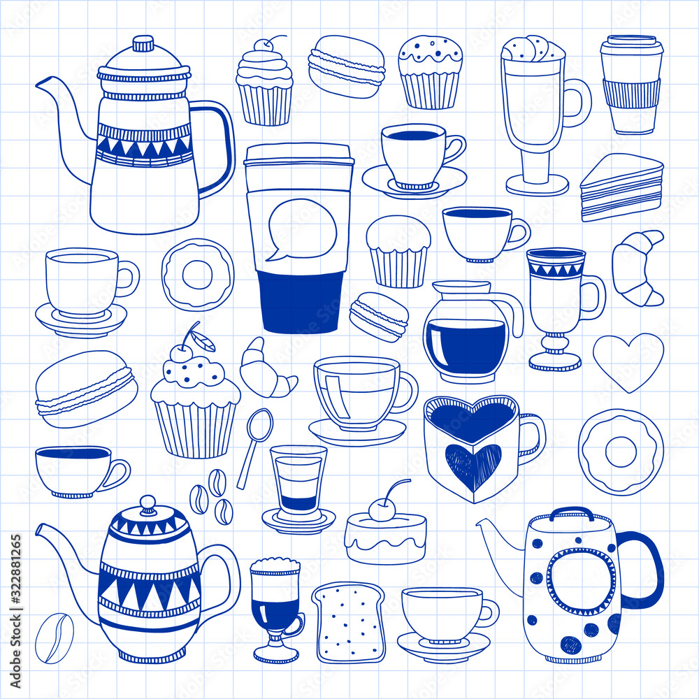 Coffee menu. Vector pattern with cappuccino, espresso. Kitchen, cooking, beverages. Coffee menu. Vector pattern with cappuccino, espresso. Kitchen, cooking, beverages.