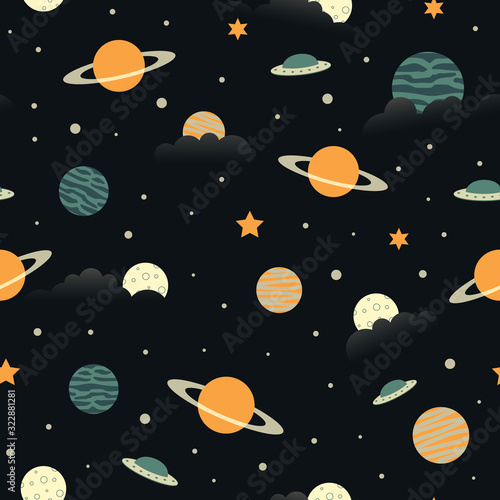 Vector repeat pattern with colorful planets and stars.