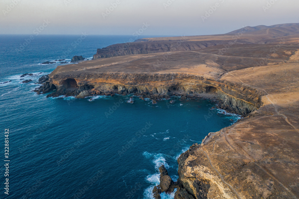 Ajuy, Fuerteventura, Canary Islands Spain - october 2019: the Cuevas de Ajuy, a network of limestone cliffs and caves on the Atlantic ocean coast, once used by pirates. Aerial view