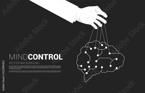 Hand Puppet Master controlling digital brain. Concept of manipulation and micromanagement