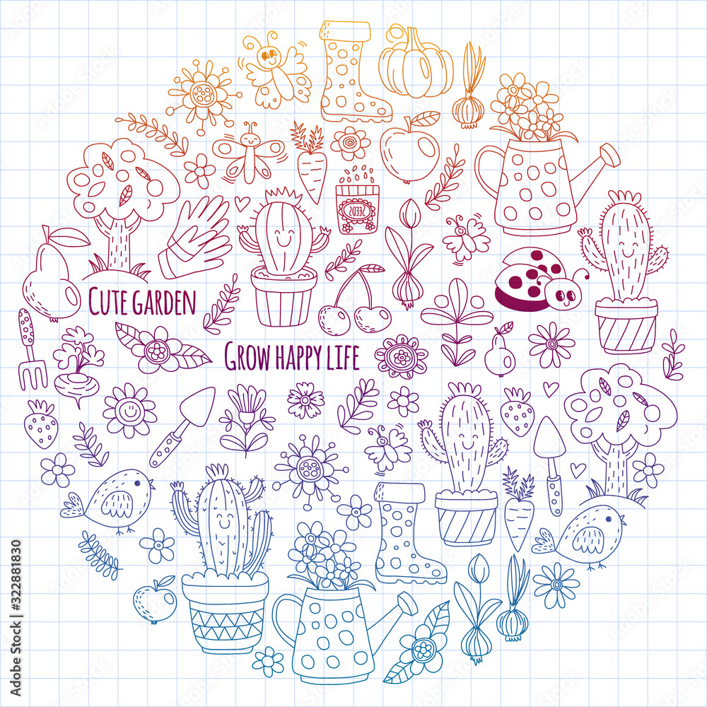 Cute gardening. Icons for banners. Vector pattern for backgrounds. Cute gardening. Icons for banners. Vector pattern for backgrounds.