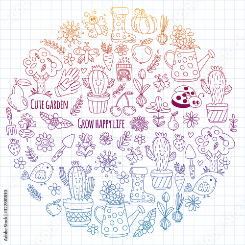 Cute gardening. Icons for banners. Vector pattern for backgrounds.