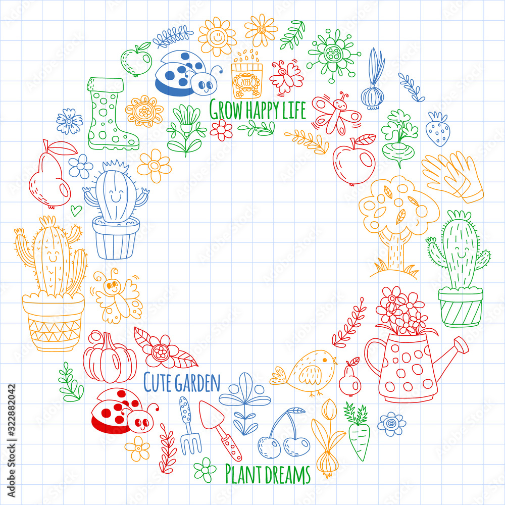 Cute gardening. Icons for banners. Vector pattern for backgrounds. Cute gardening. Icons for banners. Vector pattern for backgrounds.