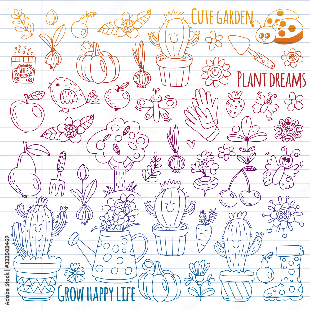 Cute gardening. Icons for banners. Vector pattern for backgrounds. Cute gardening. Icons for banners. Vector pattern for backgrounds.