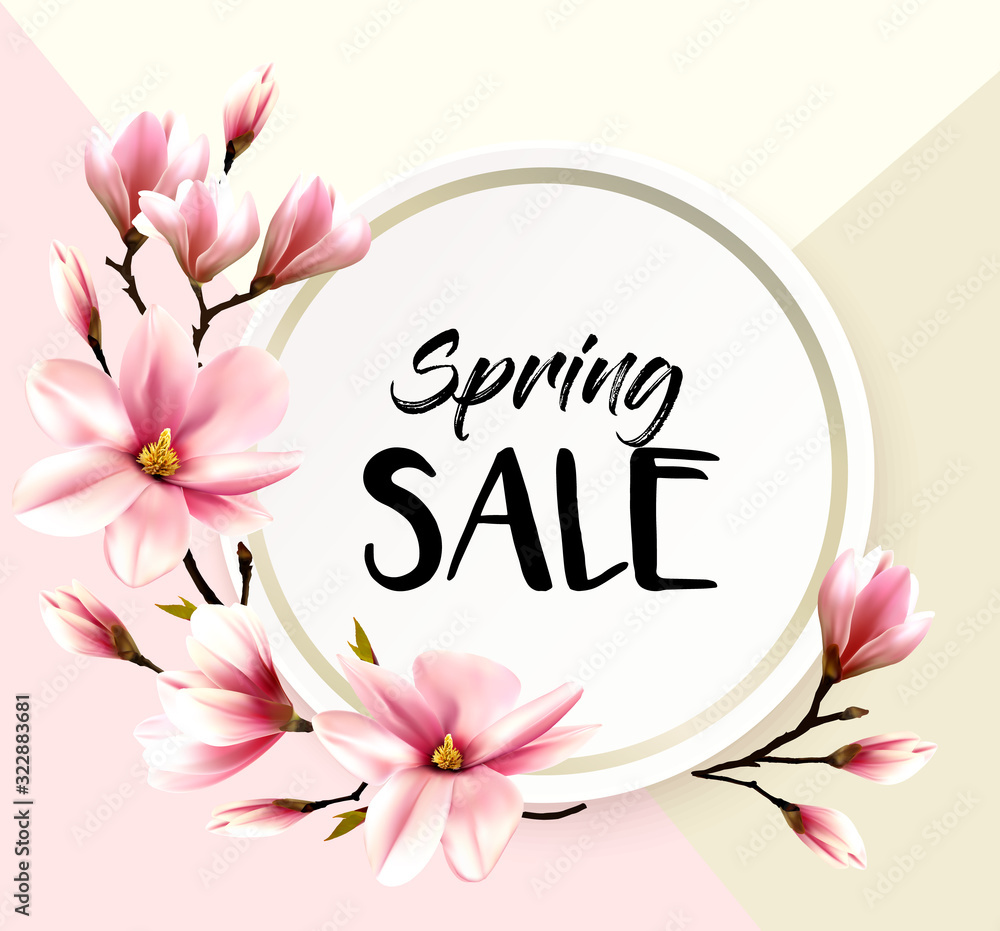 Spring sale background with pink blooming magnolia. Vector