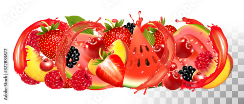 Fruit in juice splash panorama. Strawberry, raspberry, crowberry, blackberry, orange, guava, watermelon, peach, cherry, mango. Vector.