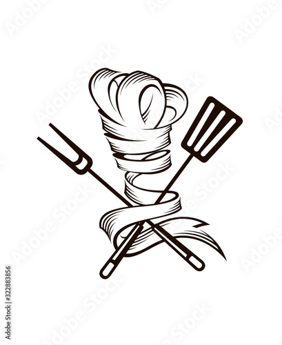 monochrome illustrations of crossed spatula, fork and chef hat isolated on white background