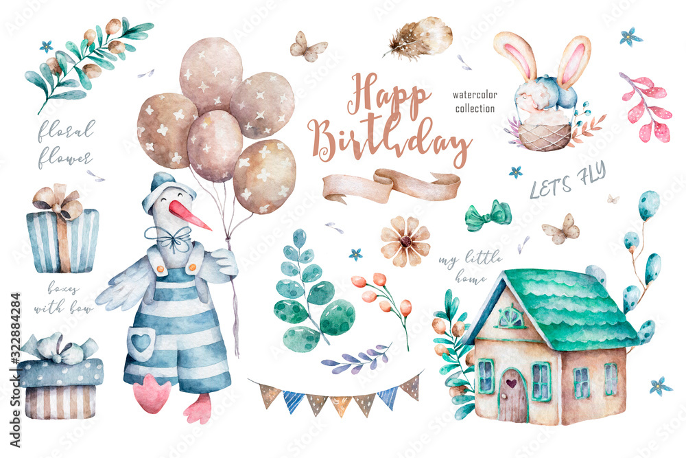 Fototapeta premium Cute bunny and goose cartoon with balloon and easter elements. Hand draw cute watercolor illustration for design. Boho style