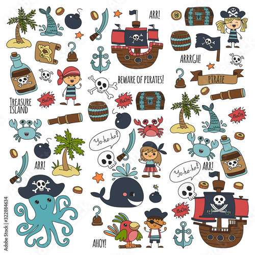 Vector pattern with pirate icons. Adventure, birthday party.