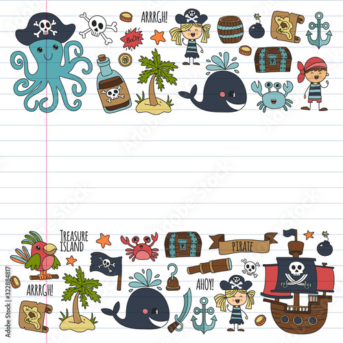 Vector pattern with pirate icons. Adventure, birthday party.