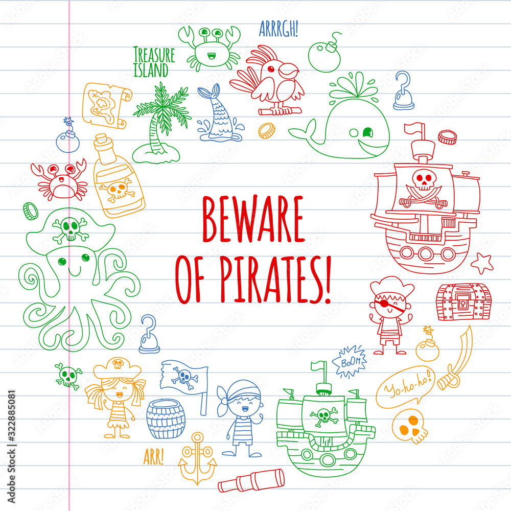 Fototapeta premium Vector pattern with pirate icons. Adventure, birthday party.