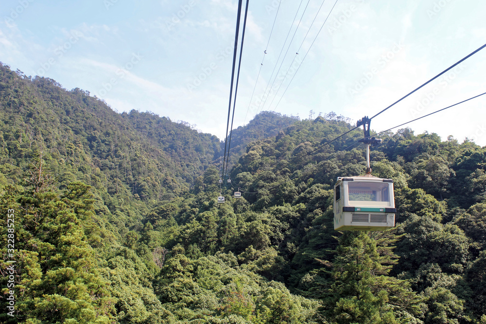 Miyajima, Japan - July 20, 2019: Miyajima Ropeway car in Hatsukaichi, Hiroshima which climbs Mount Misen of Miyajima Island. Cable car over mountain