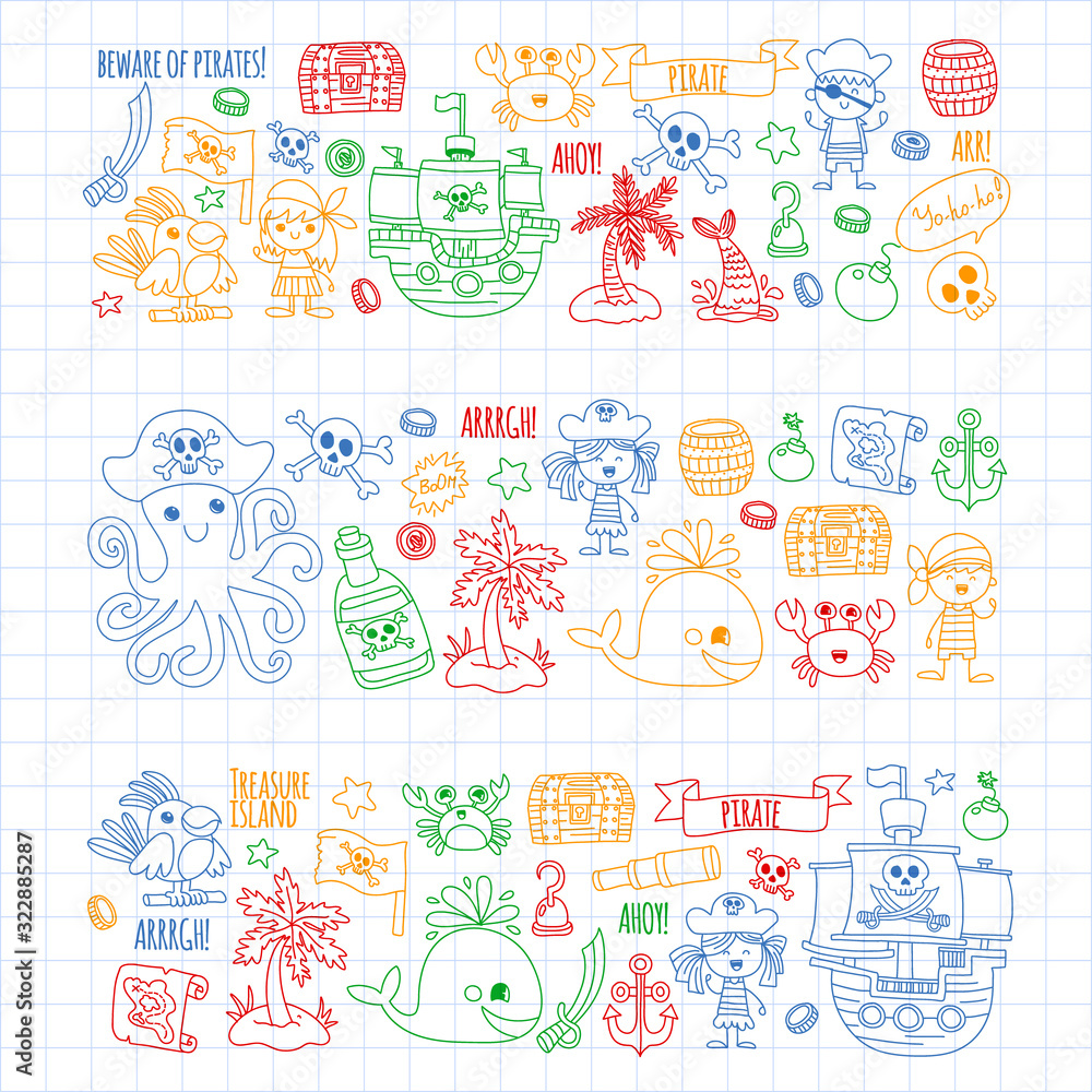 Vector pattern with pirate icons. Adventure, birthday party.