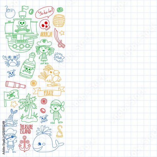 Vector pattern with pirate icons. Adventure, birthday party.