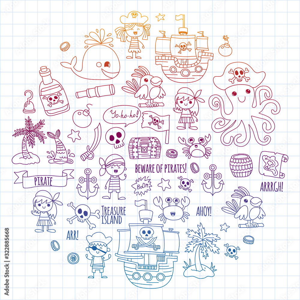 Vector pattern with pirate icons. Adventure, birthday party.