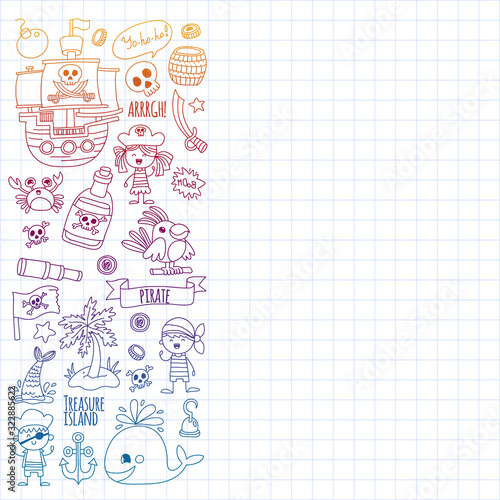 Vector pattern with pirate icons. Adventure, birthday party.