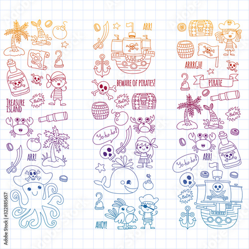 Vector pattern with pirate icons. Adventure, birthday party.