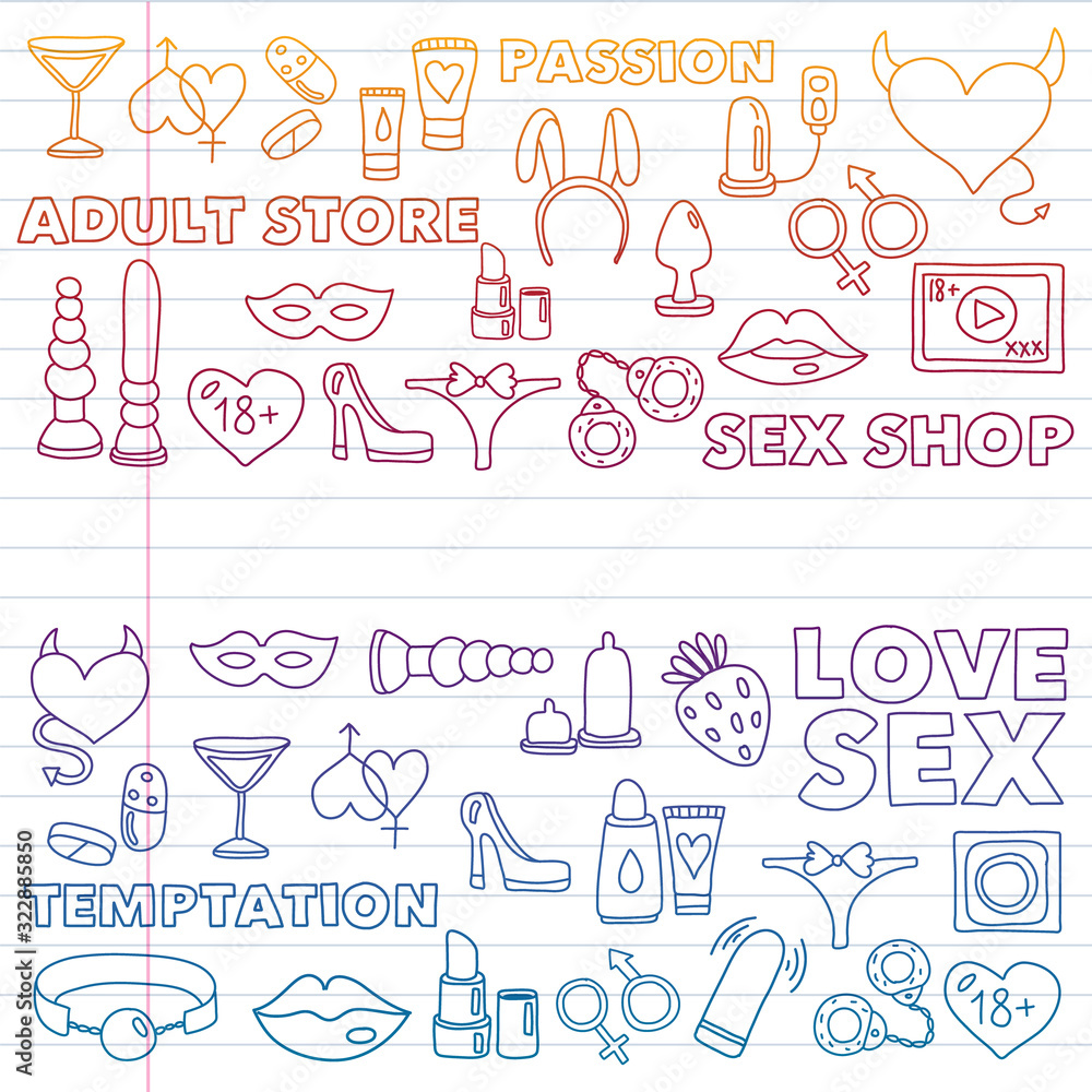 Vector set with sex shop icons. Erotic fetish games background.