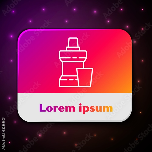 White line Mouthwash plastic bottle and glass icon isolated on black background. Liquid for rinsing mouth. Oralcare equipment. Rectangle color button. Vector Illustration