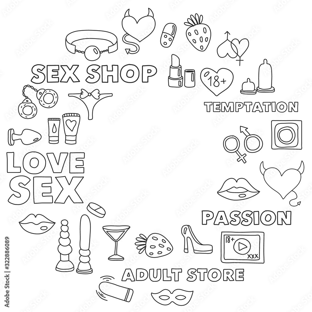 Obraz premium Vector set with sex shop icons. Erotic fetish games background.
