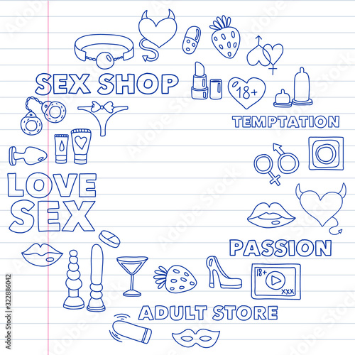 Vector set with sex shop icons. Erotic fetish games background.
