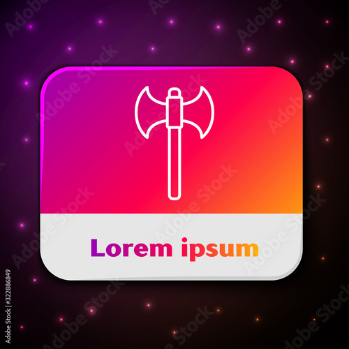White line Medieval axe icon isolated on black background. Battle axe, executioner axe. Rectangle color button. Vector Illustration